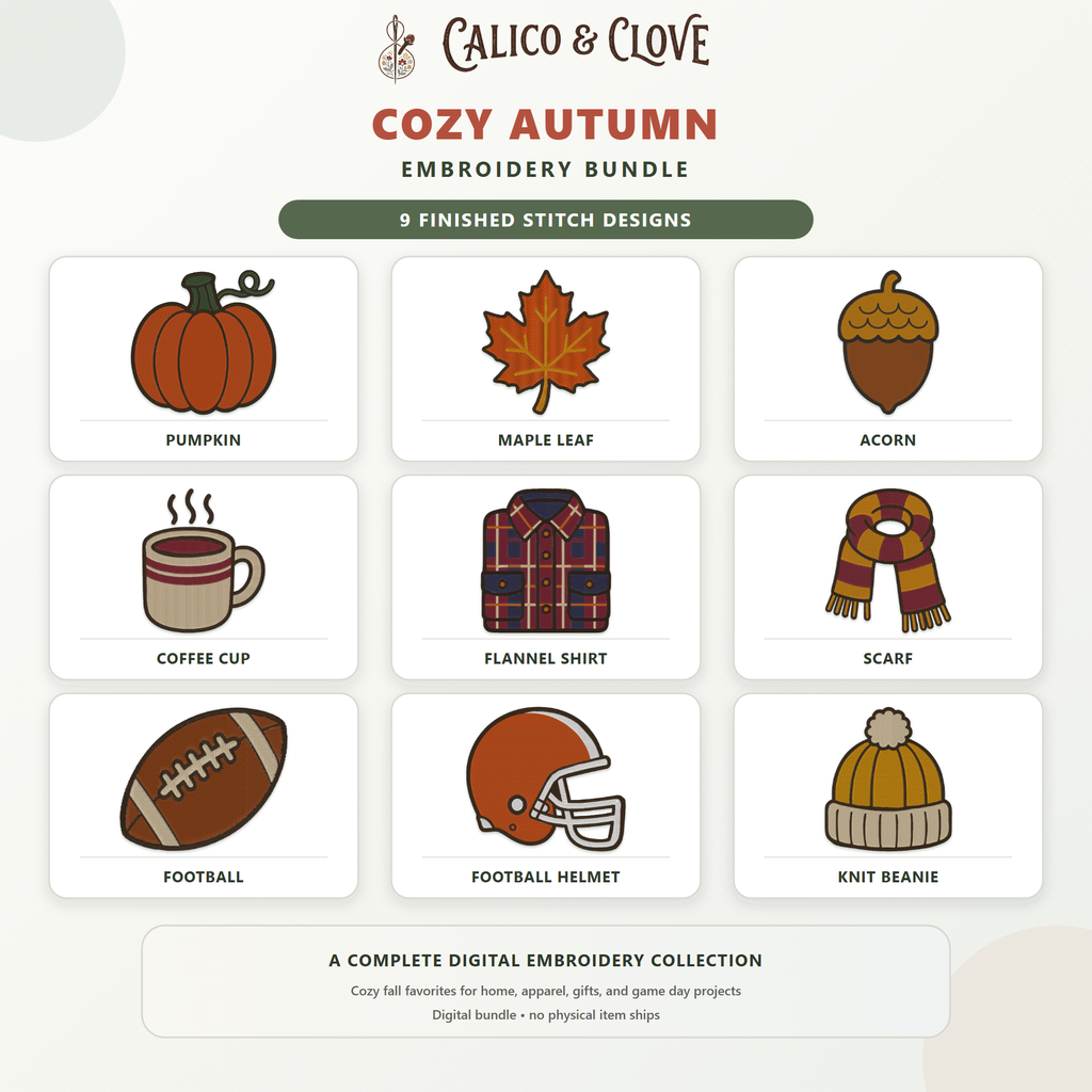 Cozy Autumn machine embroidery bundle with all nine fall designs