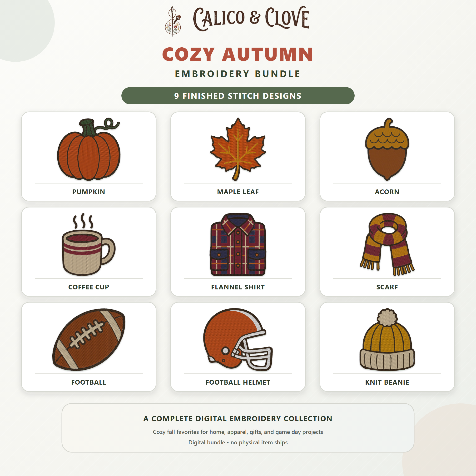 Cozy Autumn machine embroidery bundle with all nine fall designs