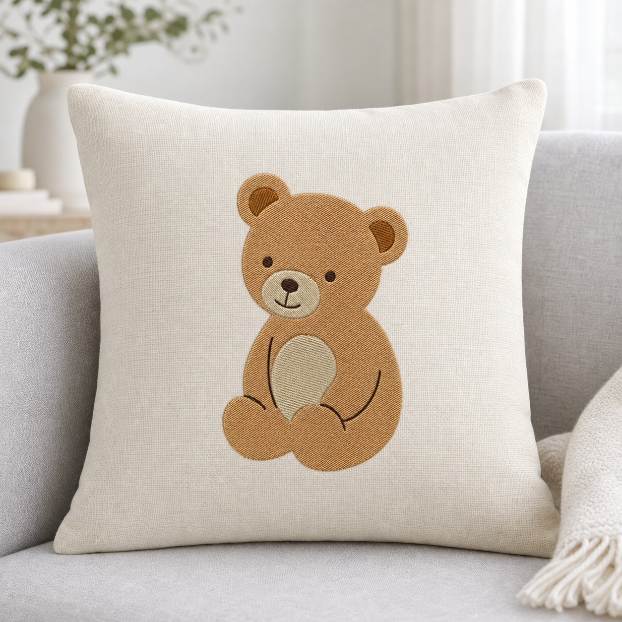 Meadow Baby Bear machine embroidery design on pillow