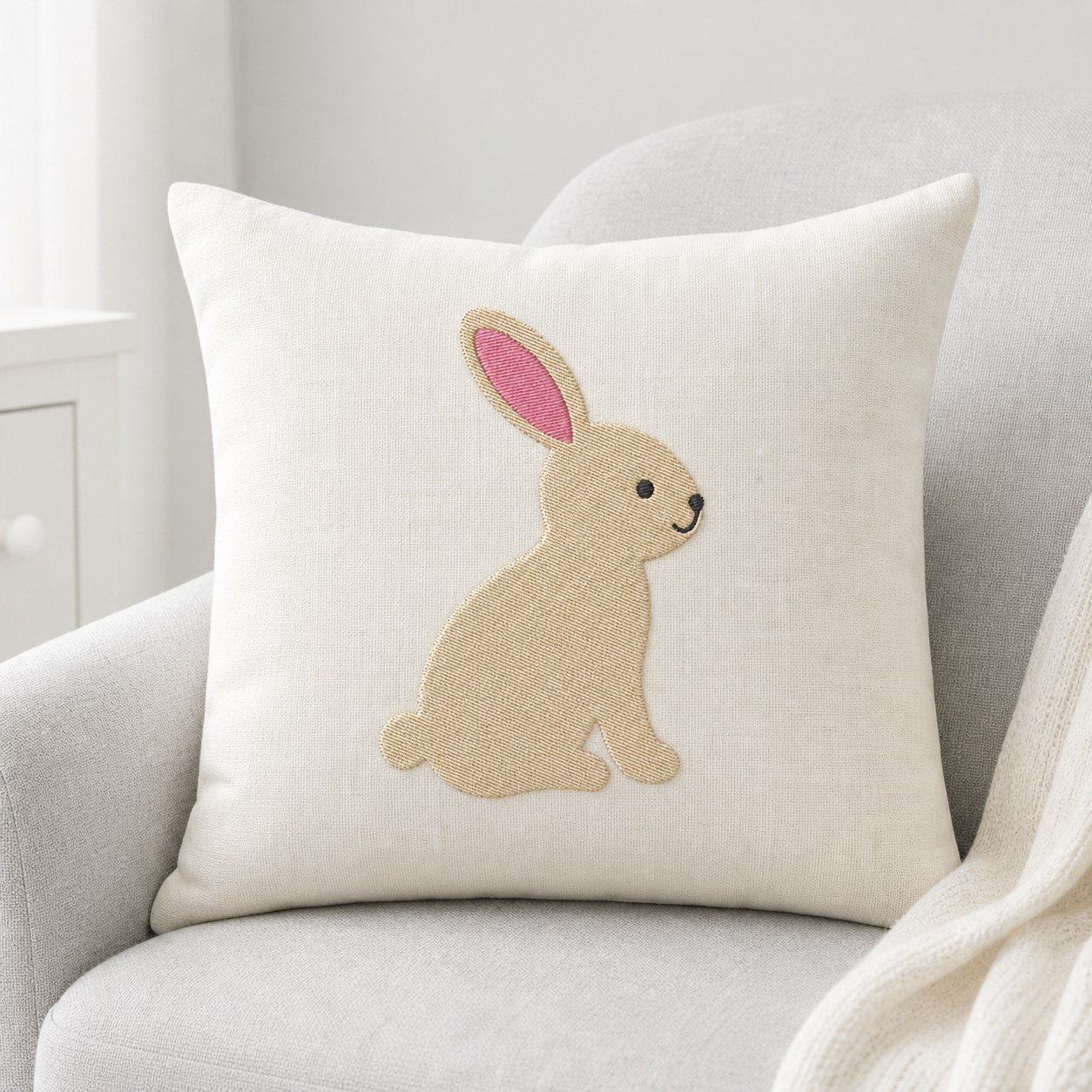 Meadow Baby Bunny machine embroidery design on pillow