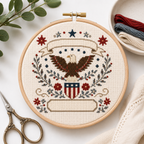 1776-2026 Liberty Sampler cross stitch pattern stitched in a hoop mockup by Calico & Clove
