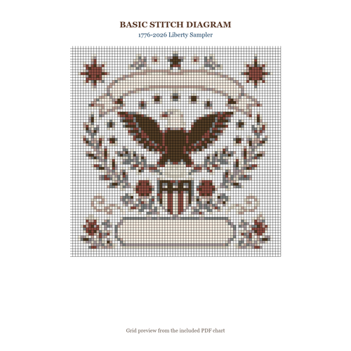 1776-2026 Liberty Sampler basic stitch diagram and DMC chart preview