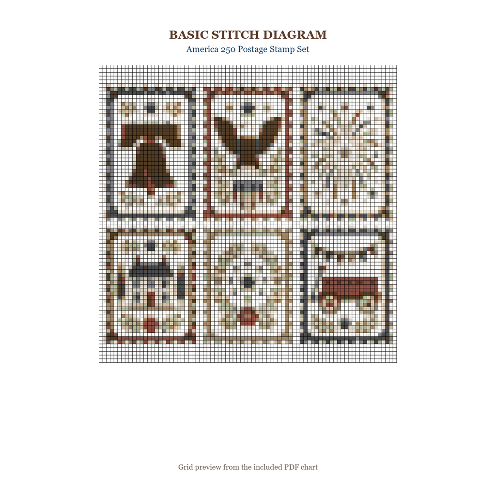 America 250 Postage Stamp Set basic stitch diagram and DMC chart preview