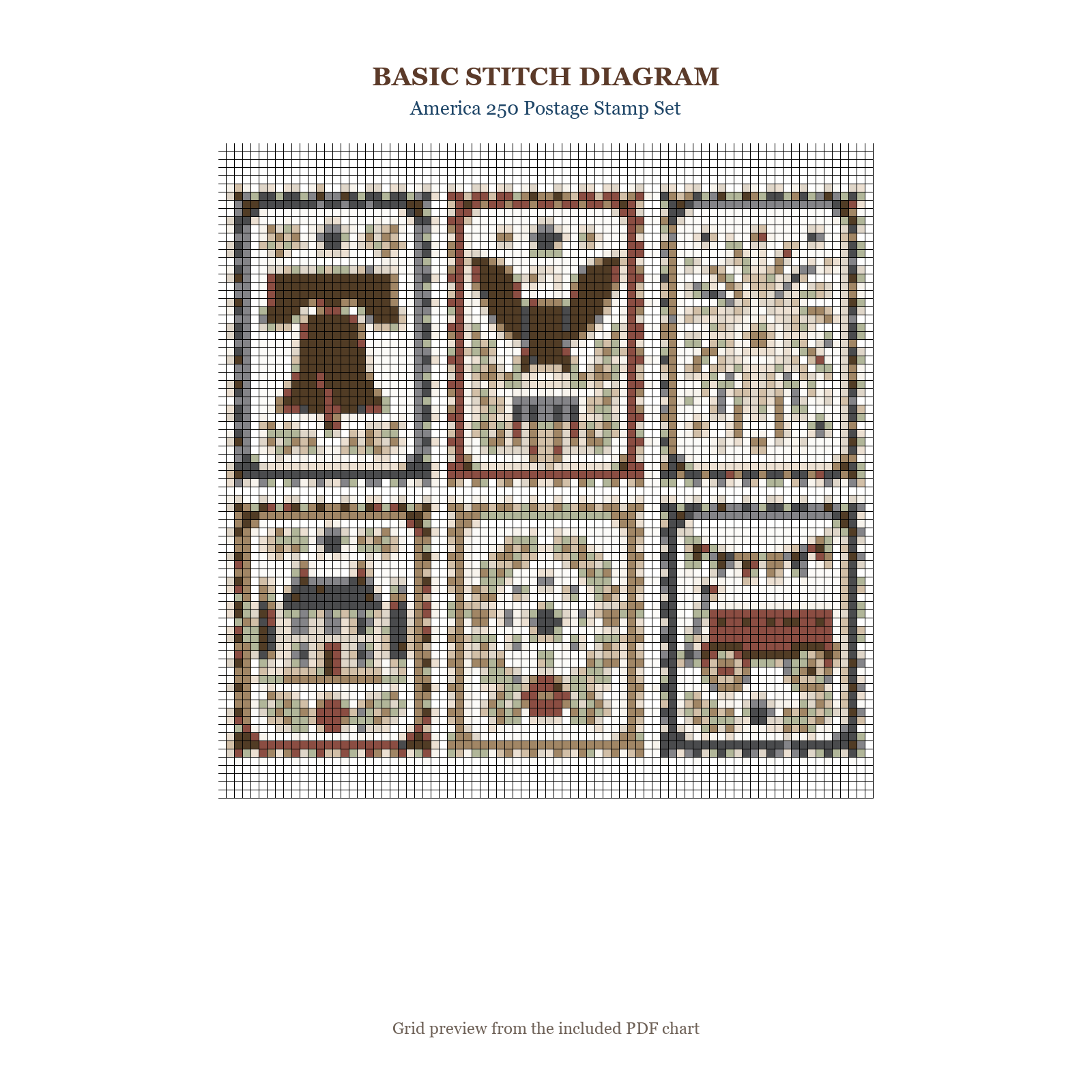 America 250 Postage Stamp Set basic stitch diagram and DMC chart preview