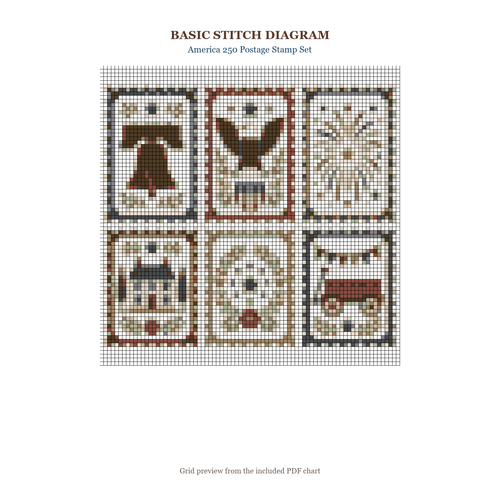 America 250 Postage Stamp Set basic stitch diagram and DMC chart preview