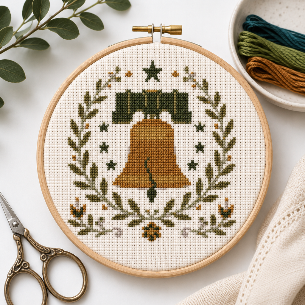 Liberty Bell Wreath cross stitch pattern stitched in a hoop mockup by Calico & Clove