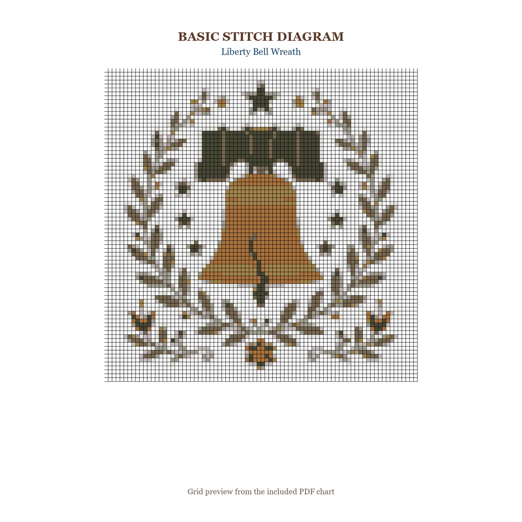 Liberty Bell Wreath basic stitch diagram and DMC chart preview