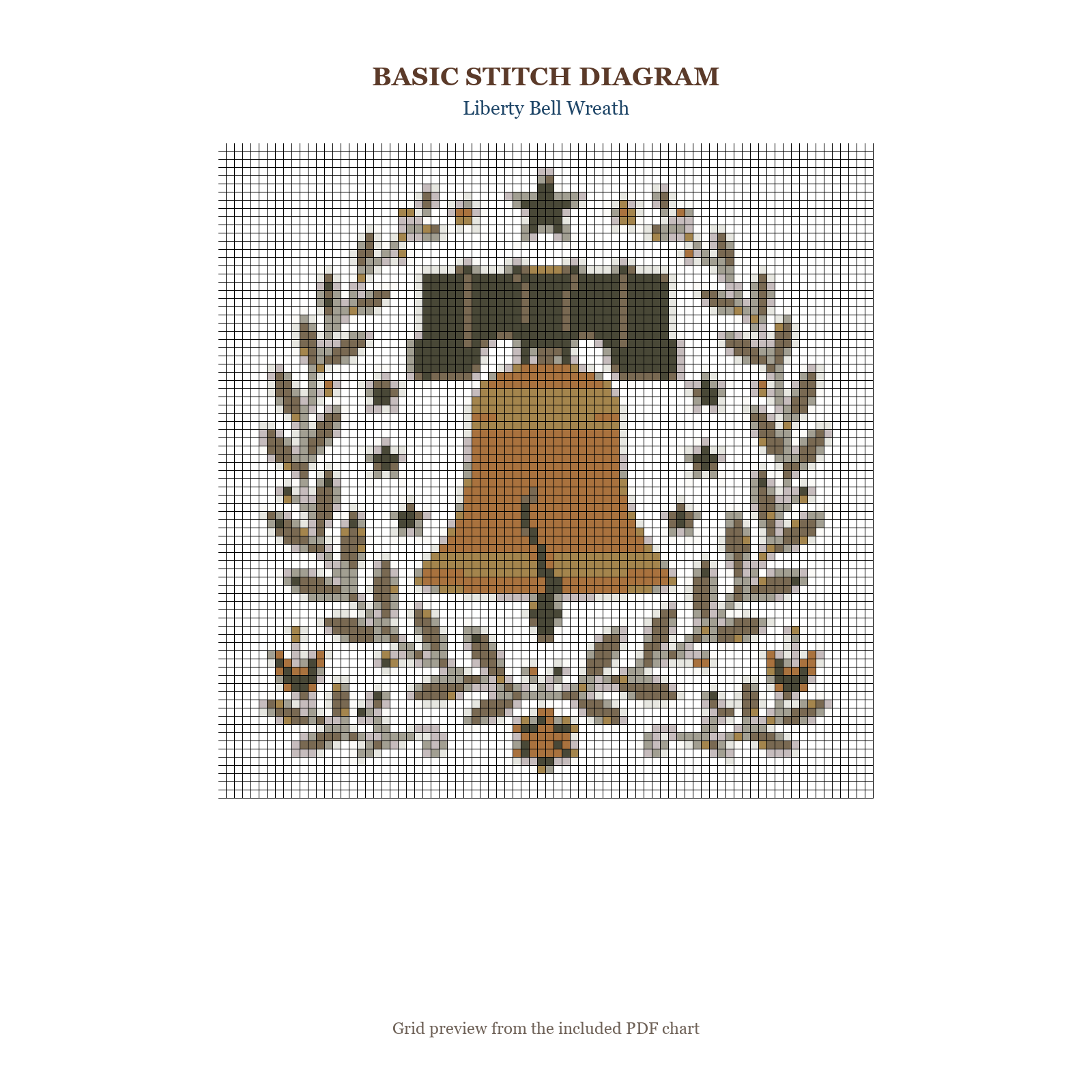 Liberty Bell Wreath basic stitch diagram and DMC chart preview