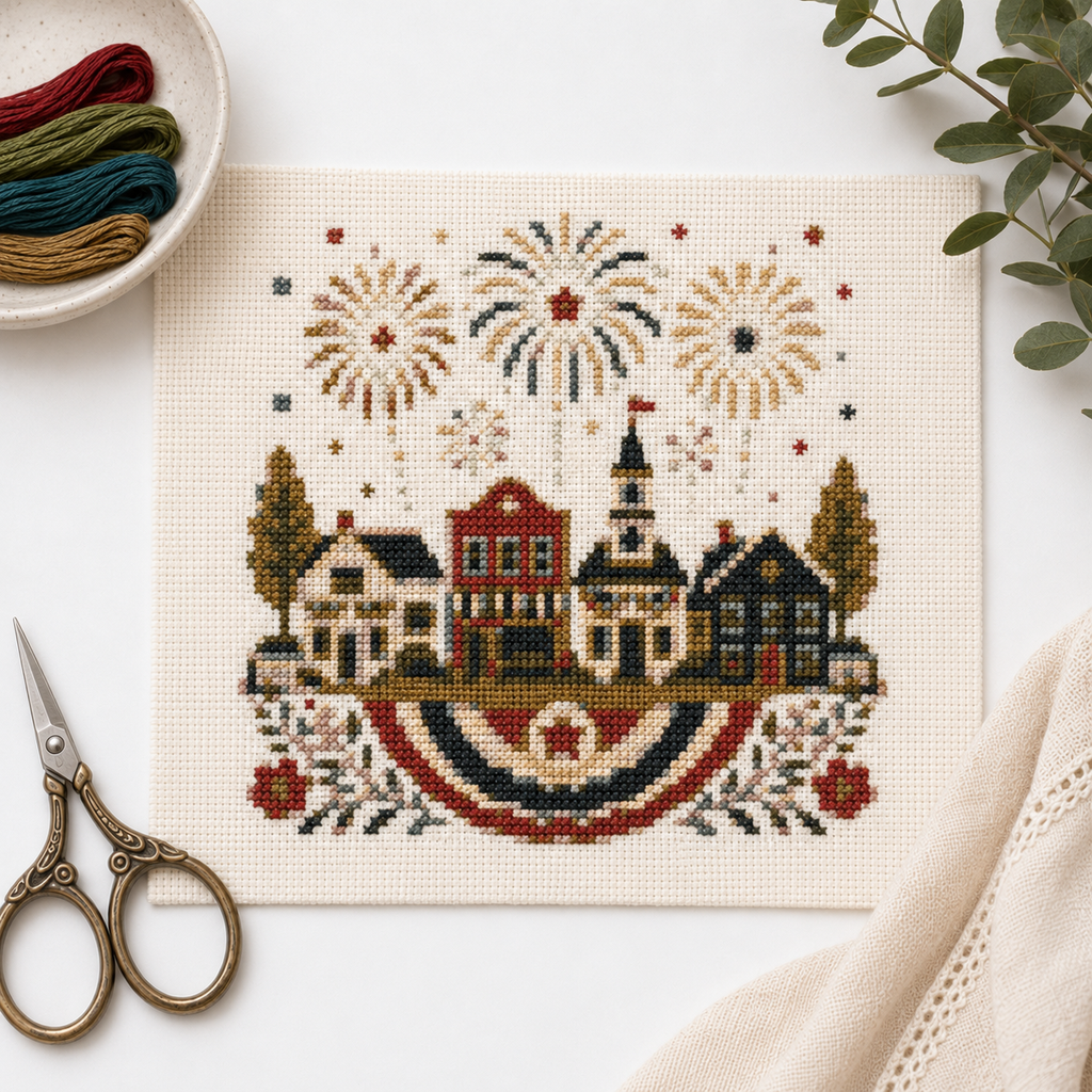 Fireworks Over Small Town cross stitch pattern finished-piece mockup by Calico & Clove