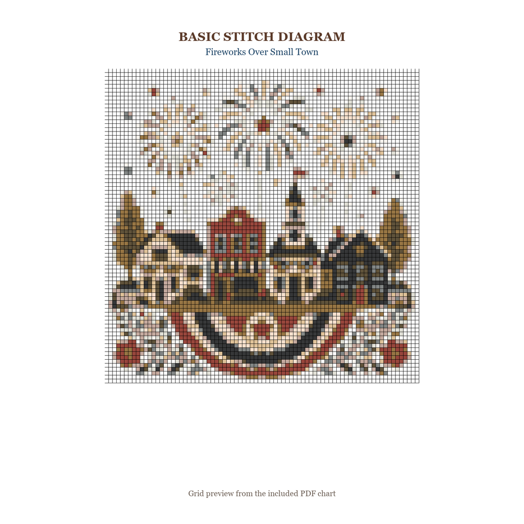 Fireworks Over Small Town basic stitch diagram and DMC chart preview
