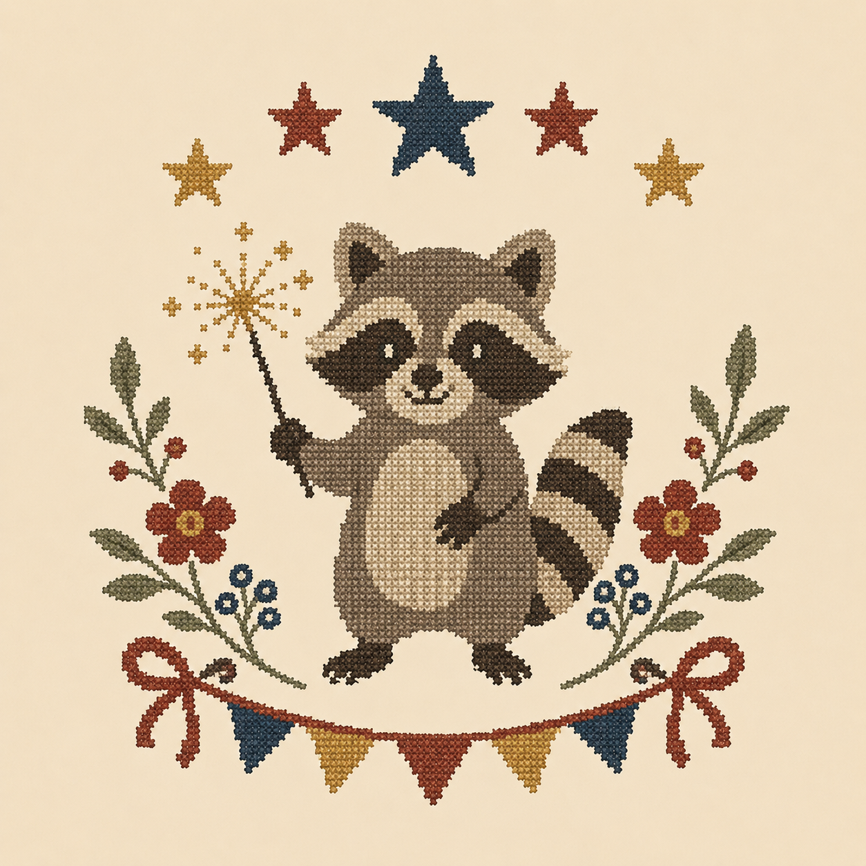 Sparkler Raccoon Mini Cross Stitch Pattern PDF, Instant Download, DMC Chart