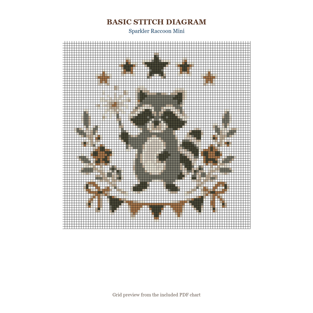 Sparkler Raccoon Mini basic stitch diagram and DMC chart preview