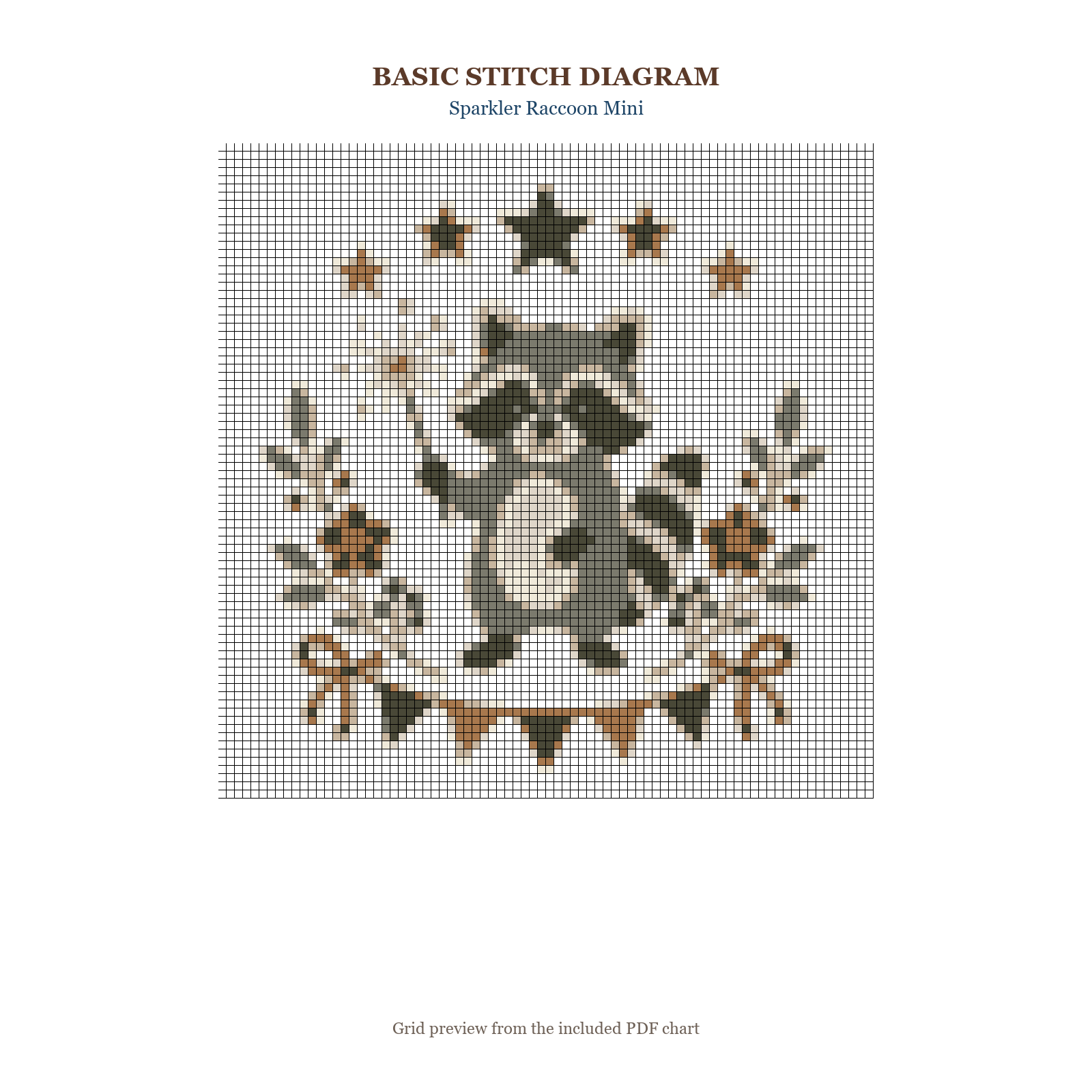 Sparkler Raccoon Mini basic stitch diagram and DMC chart preview
