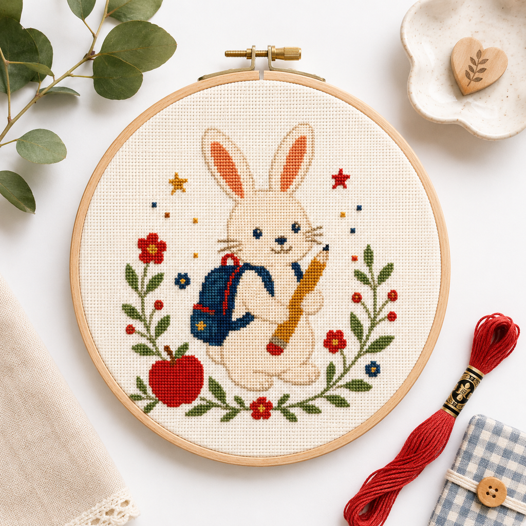 Completed School Bunny Mini cross stitch pattern shown stitched in a hoop with floss styling by Calico & Clove