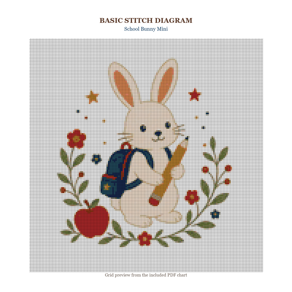 School Bunny Mini updated color-rich 160 x 160 stitch diagram and DMC chart preview
