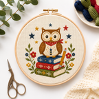 Completed Storybook Owl Mini cross stitch pattern shown stitched in a hoop with floss styling by Calico & Clove