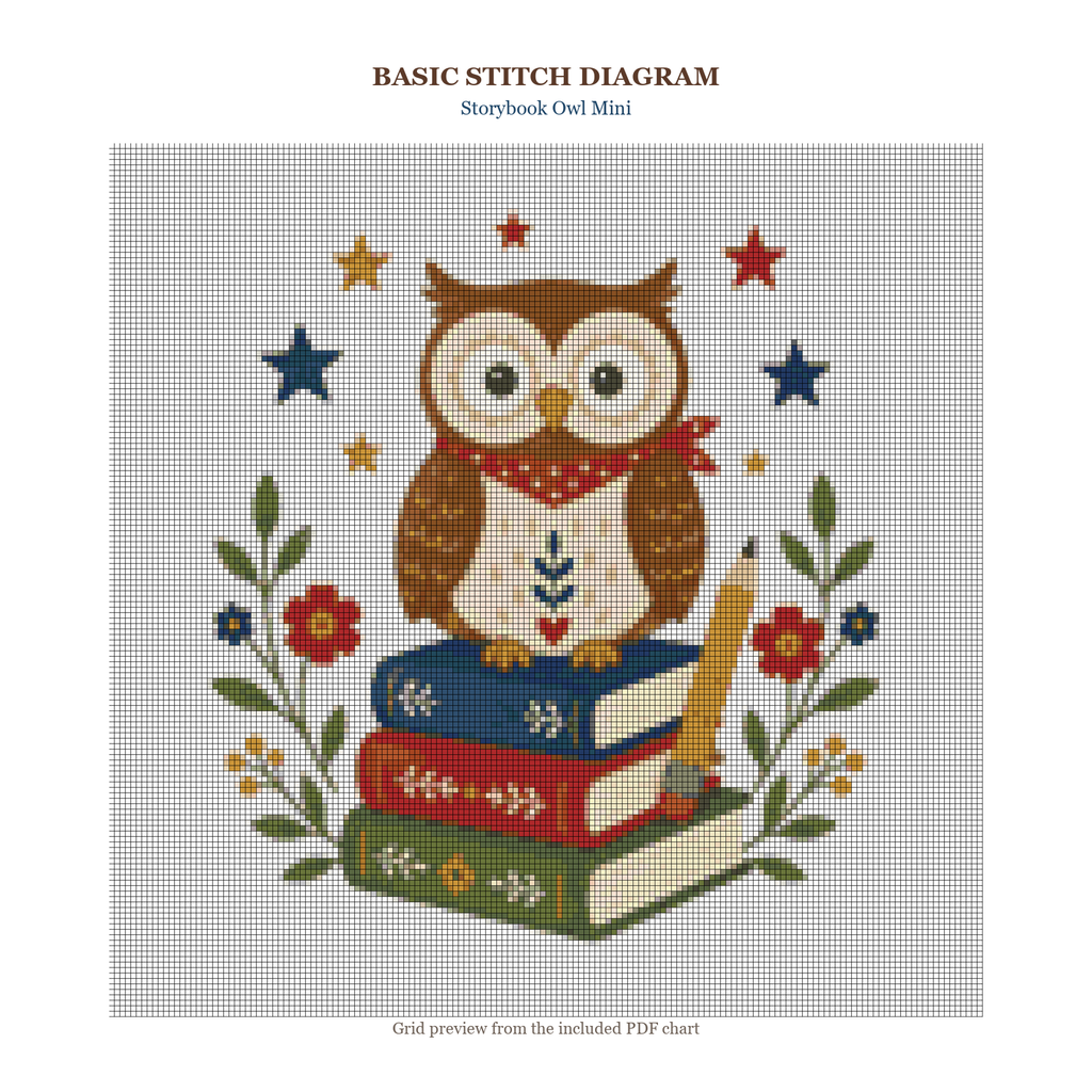 Storybook Owl Mini updated color-rich 160 x 160 stitch diagram and DMC chart preview