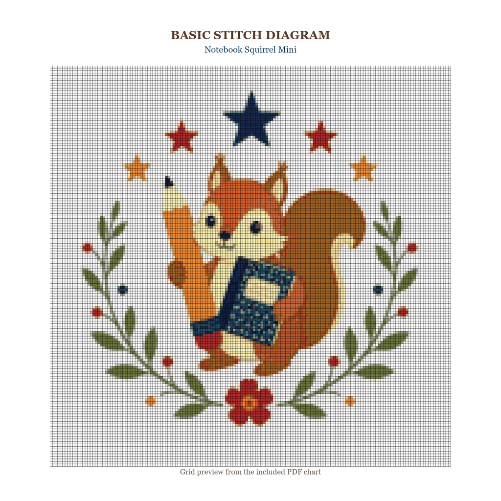 Notebook Squirrel Mini updated color-rich 160 x 160 stitch diagram and DMC chart preview