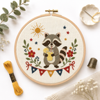 Completed Lemonade Raccoon Mini cross stitch pattern shown stitched in a hoop with floss styling by Calico & Clove