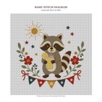 Lemonade Raccoon Mini updated color-rich 160 x 160 stitch diagram and DMC chart preview
