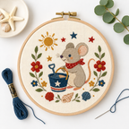 Completed Seaside Mouse Mini cross stitch pattern shown stitched in a hoop with floss styling by Calico & Clove