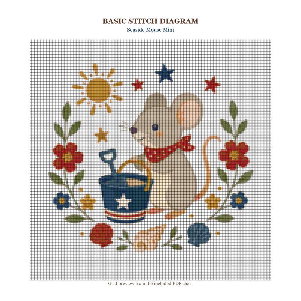 Seaside Mouse Mini updated color-rich 160 x 160 stitch diagram and DMC chart preview