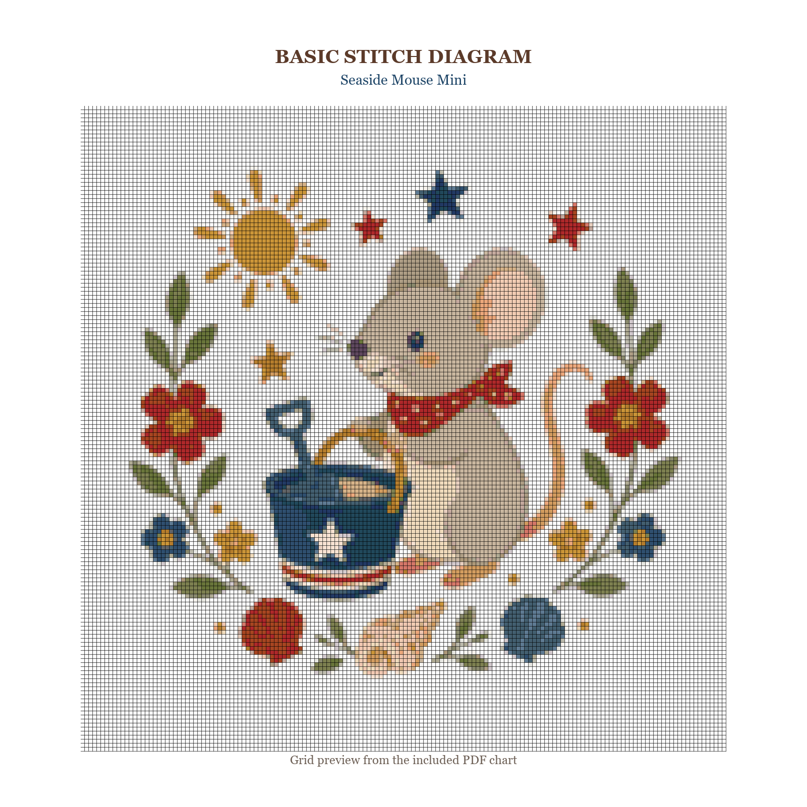 Seaside Mouse Mini updated color-rich 160 x 160 stitch diagram and DMC chart preview