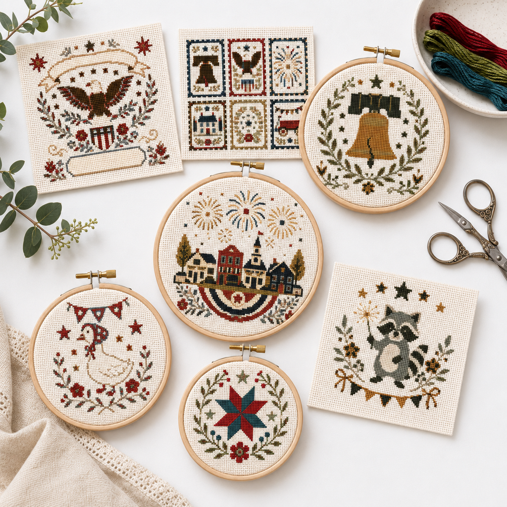 America 250 Starter Bundle cross stitch pattern collection mockup by Calico & Clove