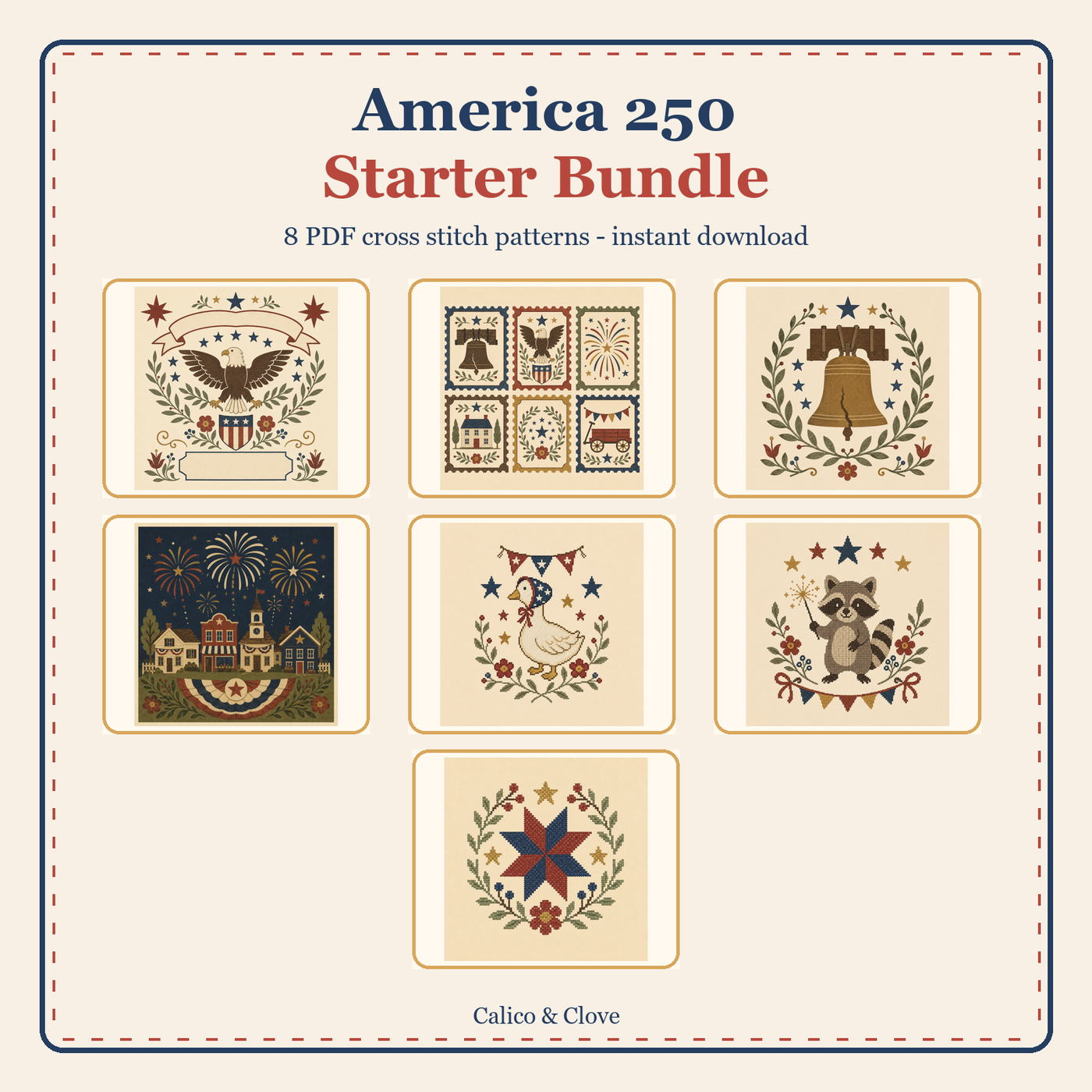 America 250 Starter Bundle Cross Stitch Pattern PDF, Instant Download, DMC Chart