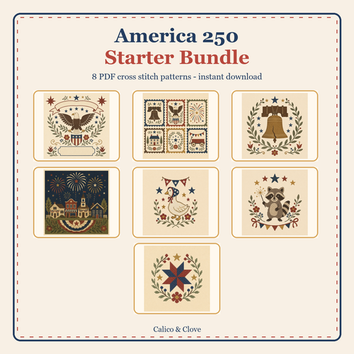 America 250 Starter Bundle cross stitch pattern previews by Calico & Clove