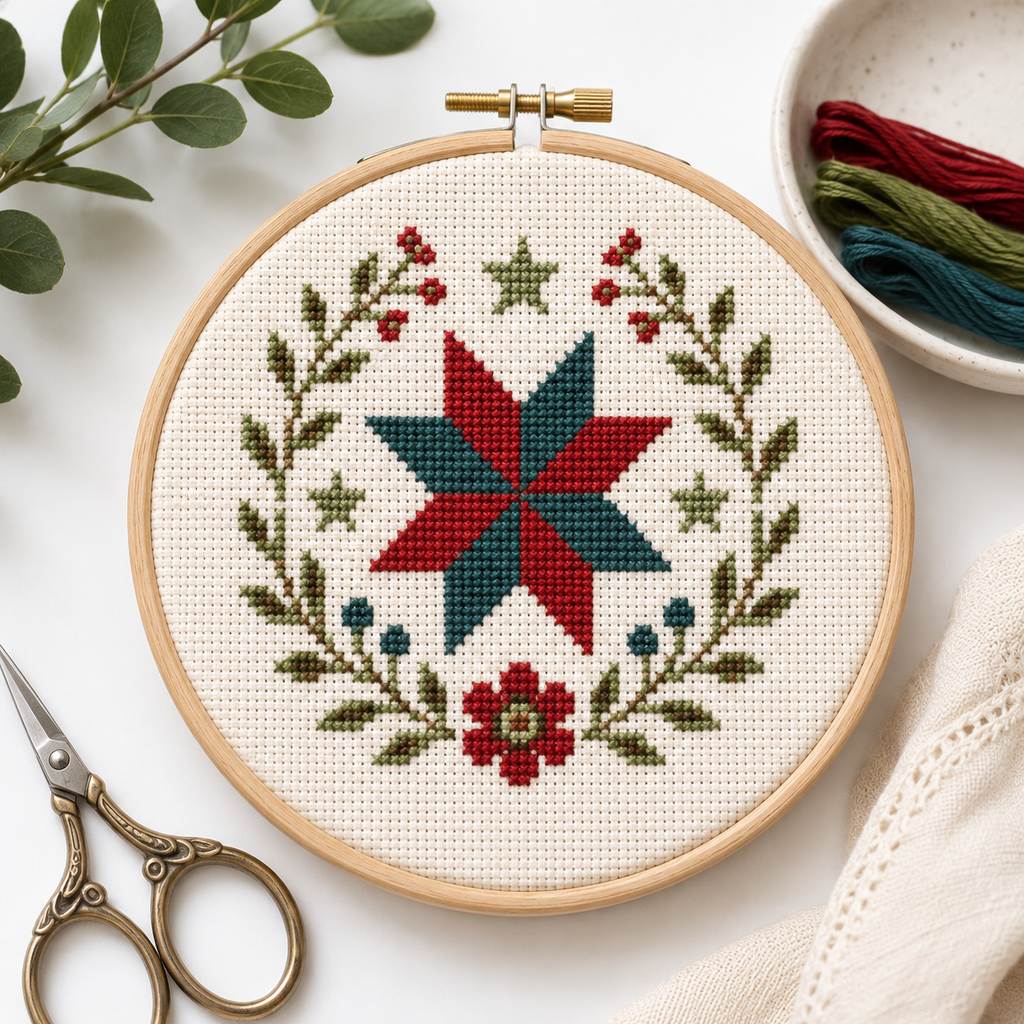 Free 250 Star Mini cross stitch pattern stitched in a hoop mockup by Calico & Clove