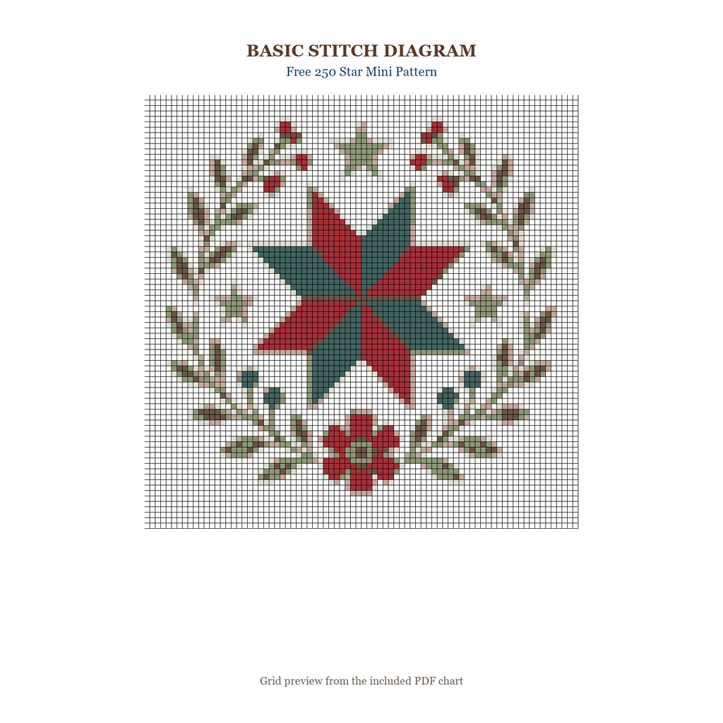 Free 250 Star Mini Pattern basic stitch diagram and DMC chart preview