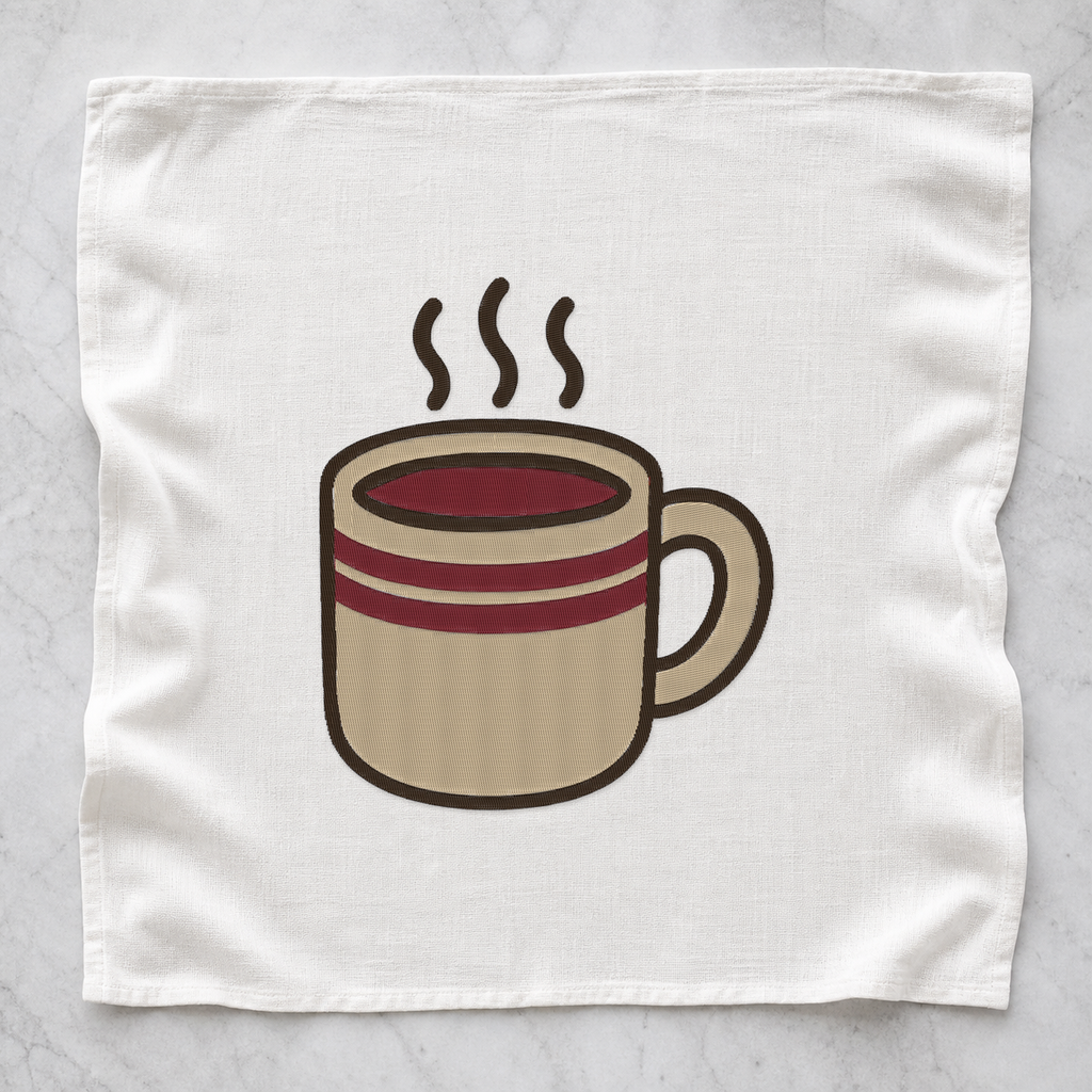 Autumn Coffee Cup machine embroidery design on tea towel