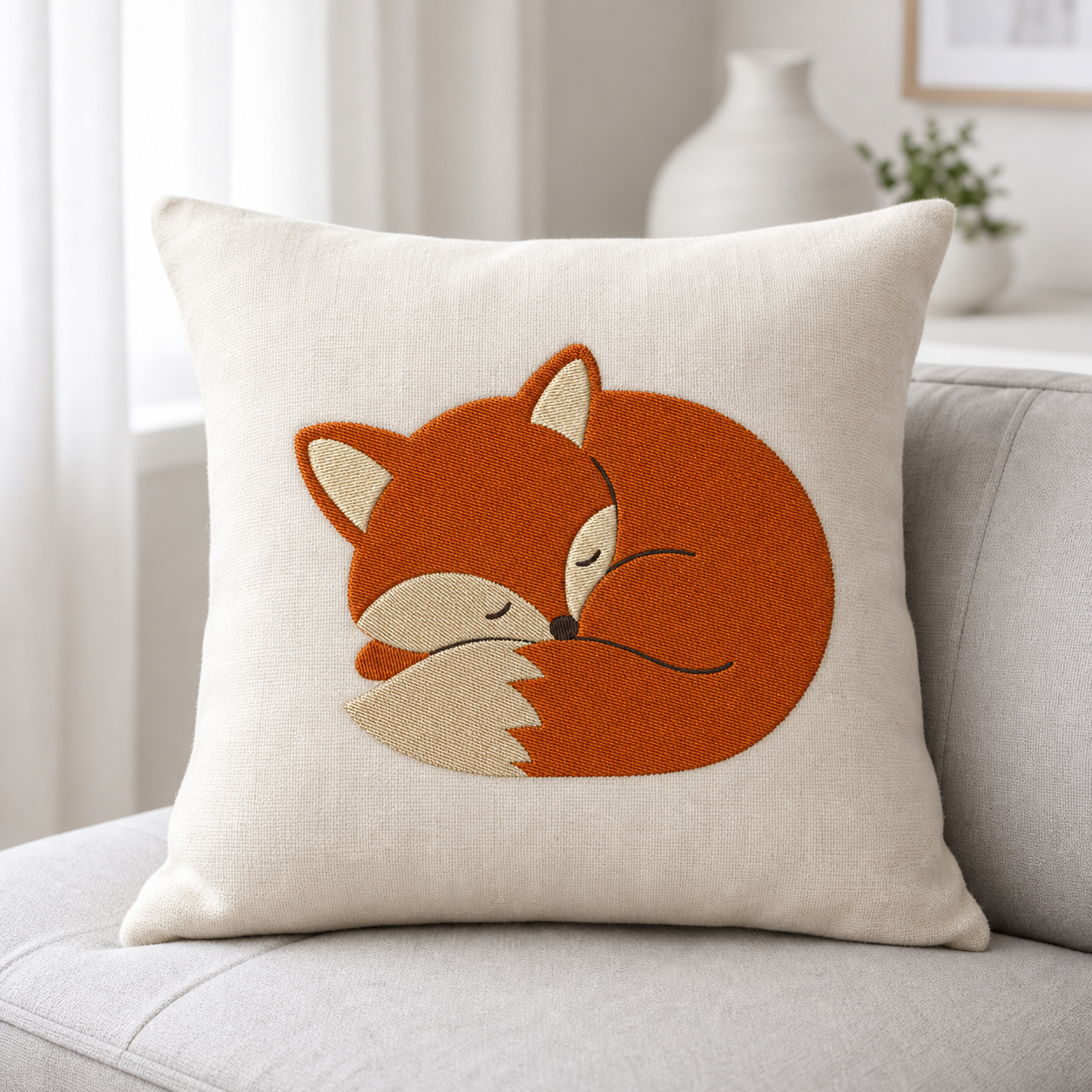 Meadow Baby Fox machine embroidery design on pillow