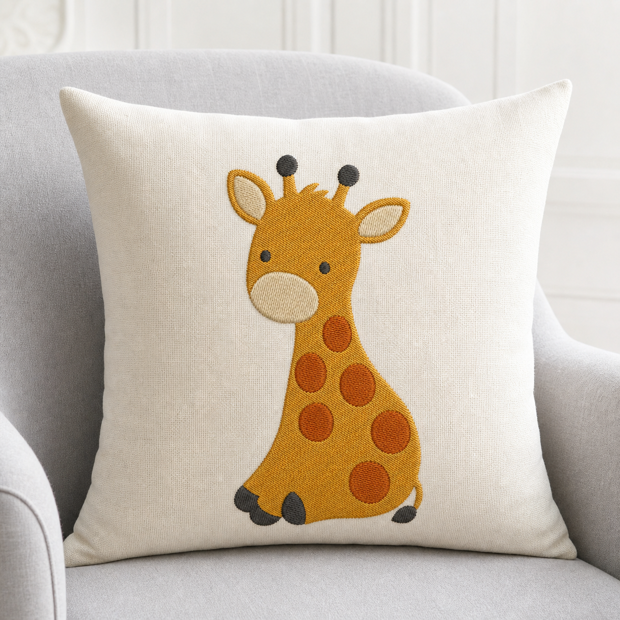 Meadow Baby Giraffe machine embroidery design on pillow