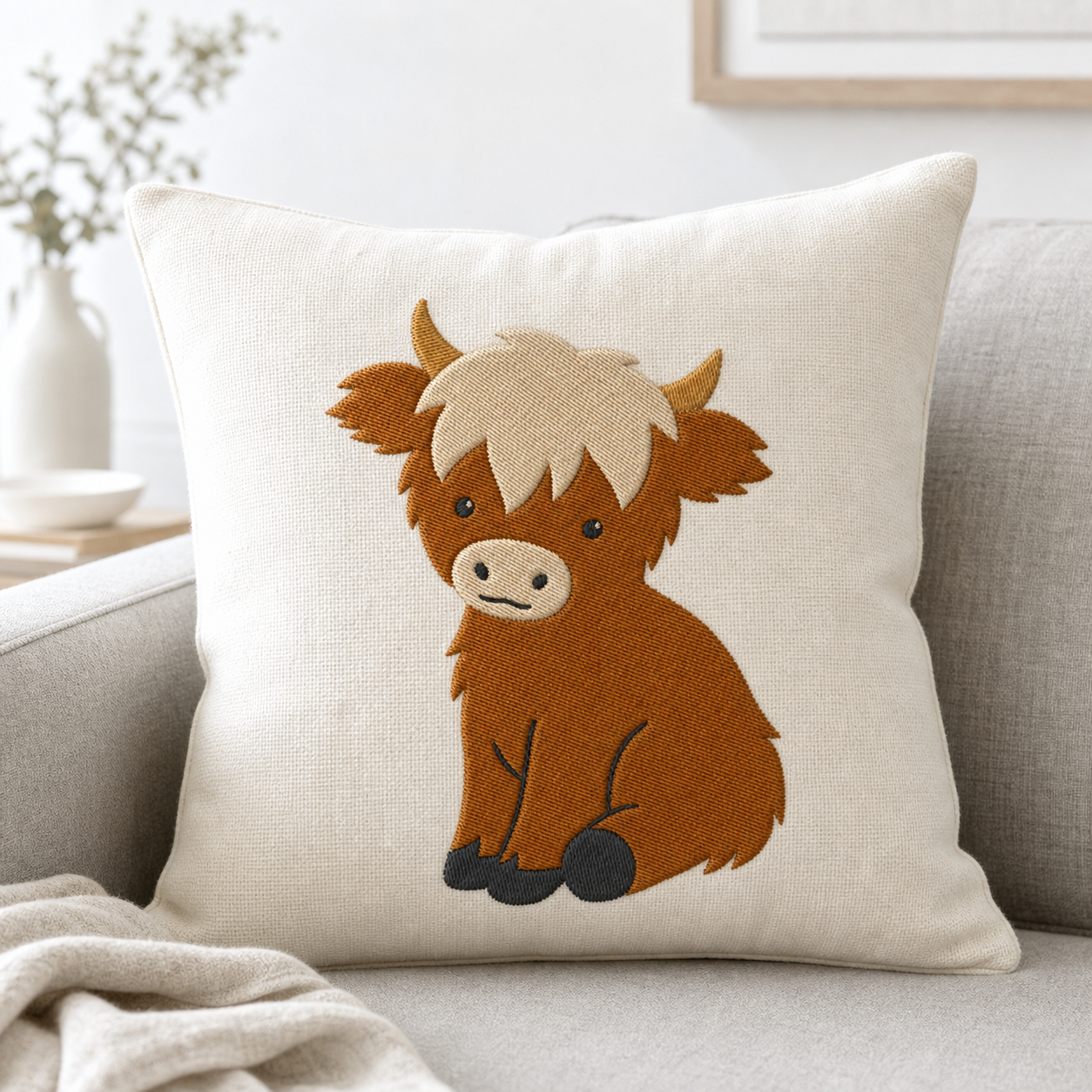 Meadow Baby Highland Cow machine embroidery design on pillow