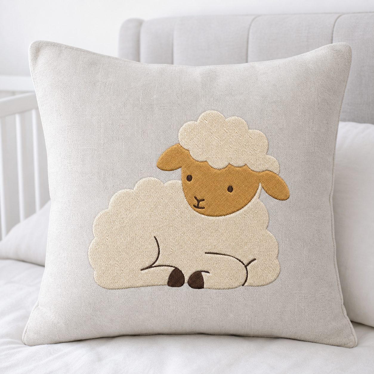 Meadow Baby Lamb machine embroidery design on pillow