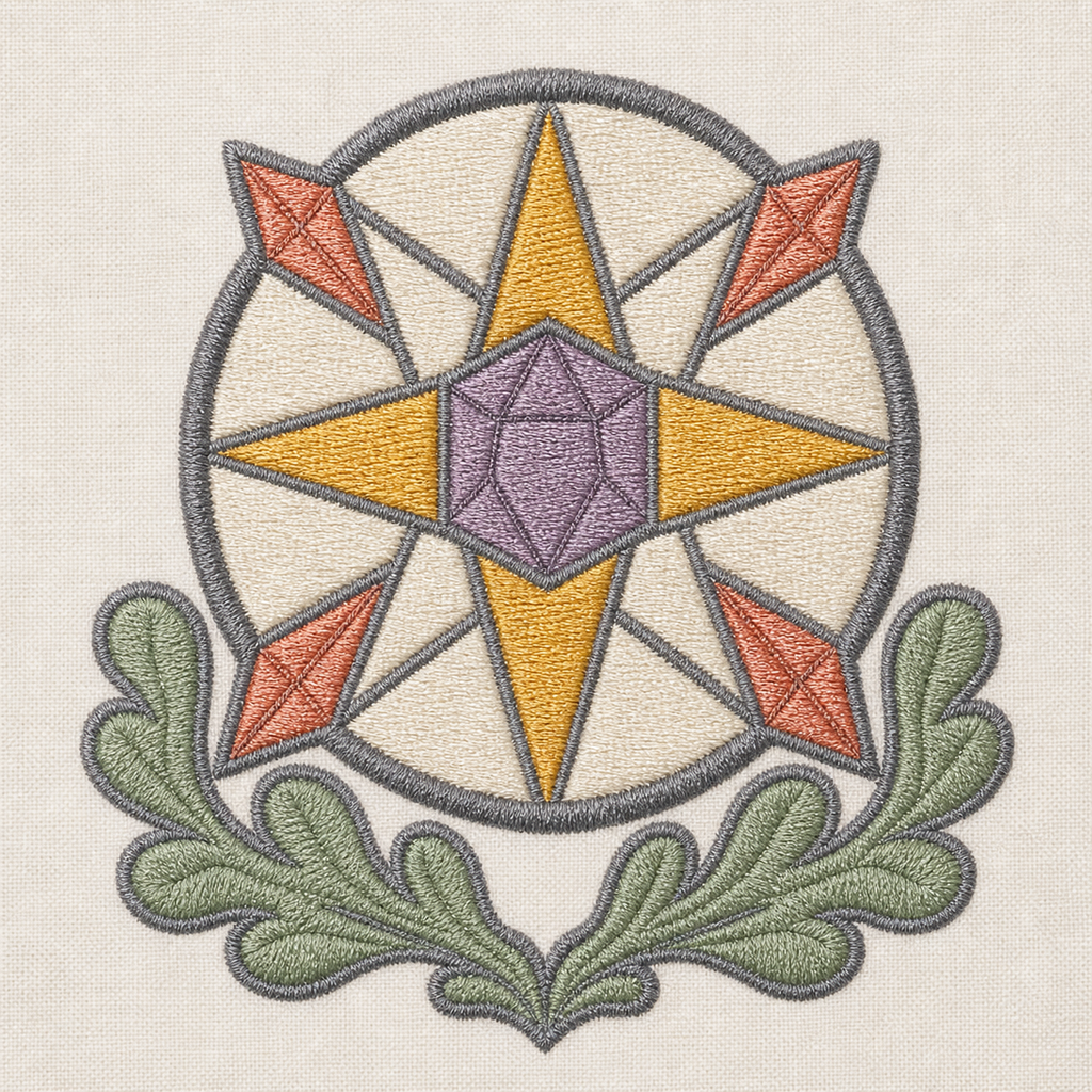 Gilded Quest Crystal Compass machine embroidery design close-up