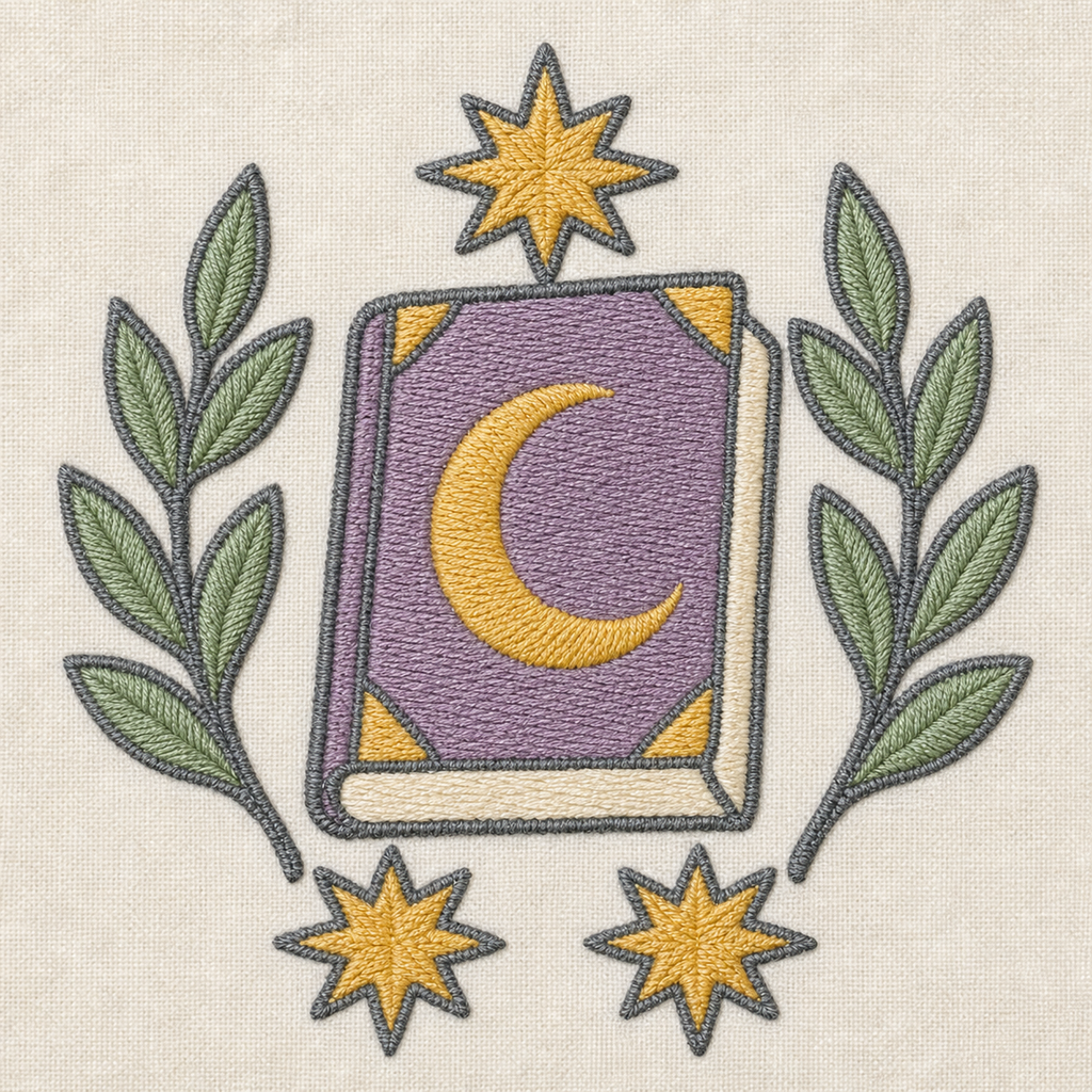 Gilded Quest Moonlit Spellbook machine embroidery design close-up