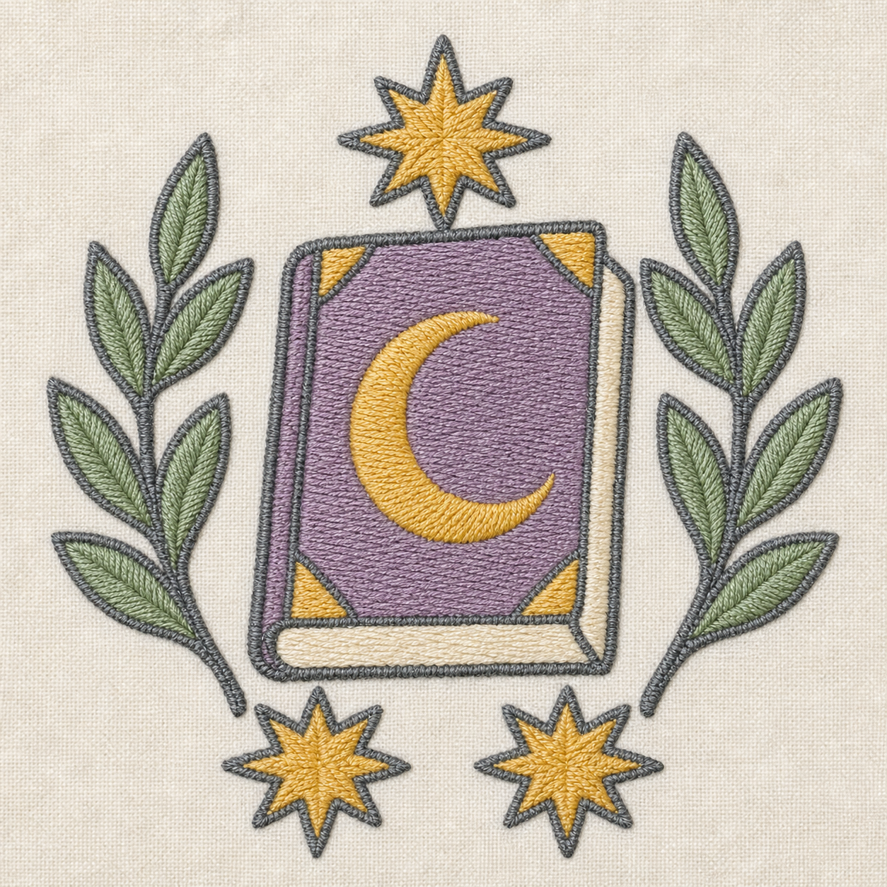 Gilded Quest Moonlit Spellbook machine embroidery design close-up