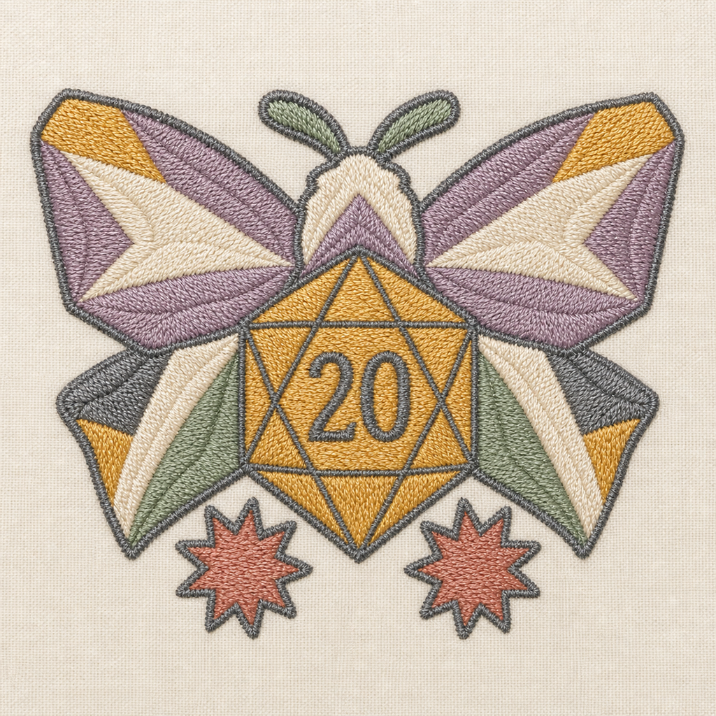 Gilded Quest Moth Dice machine embroidery design close-up