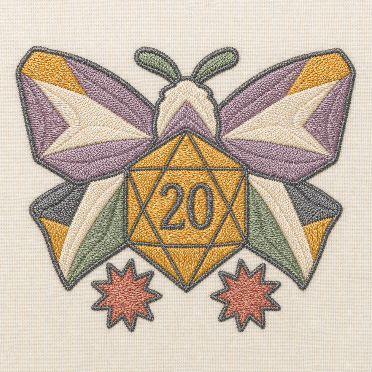 Gilded Quest Moth Dice machine embroidery design close-up
