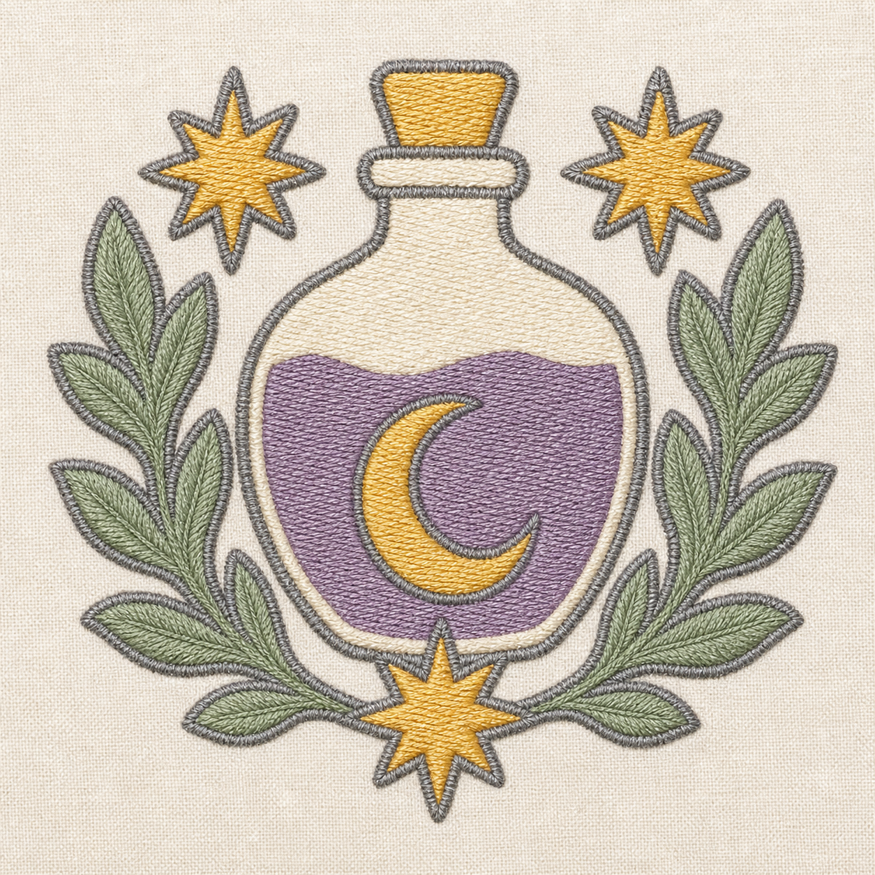 Gilded Quest Potion Crest machine embroidery design close-up
