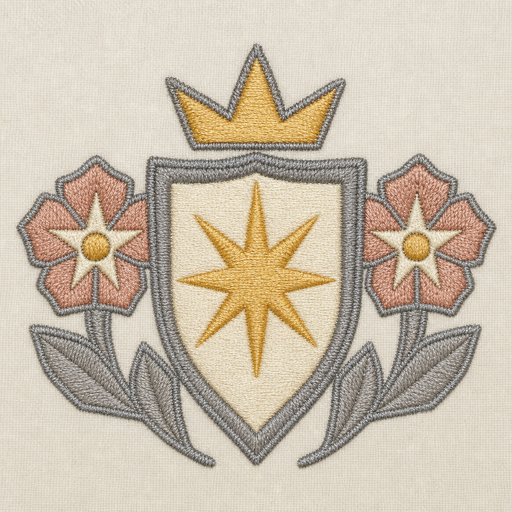 Gilded Quest Shield Wild Rose machine embroidery design close-up