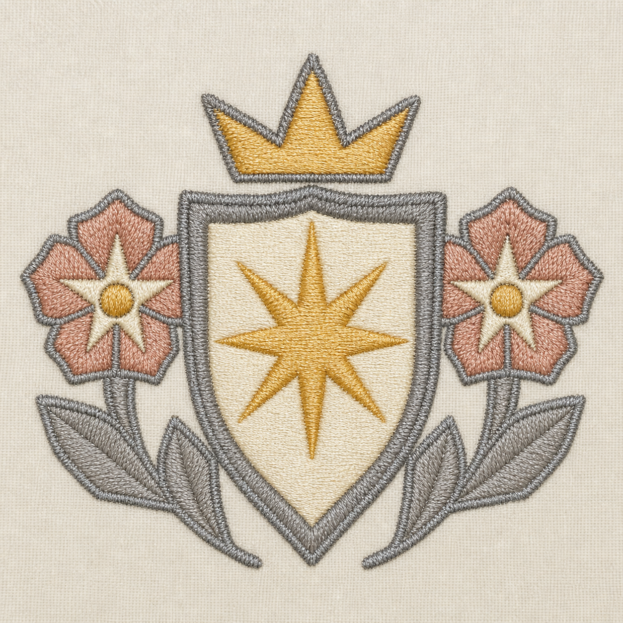 Gilded Quest Shield Wild Rose machine embroidery design close-up