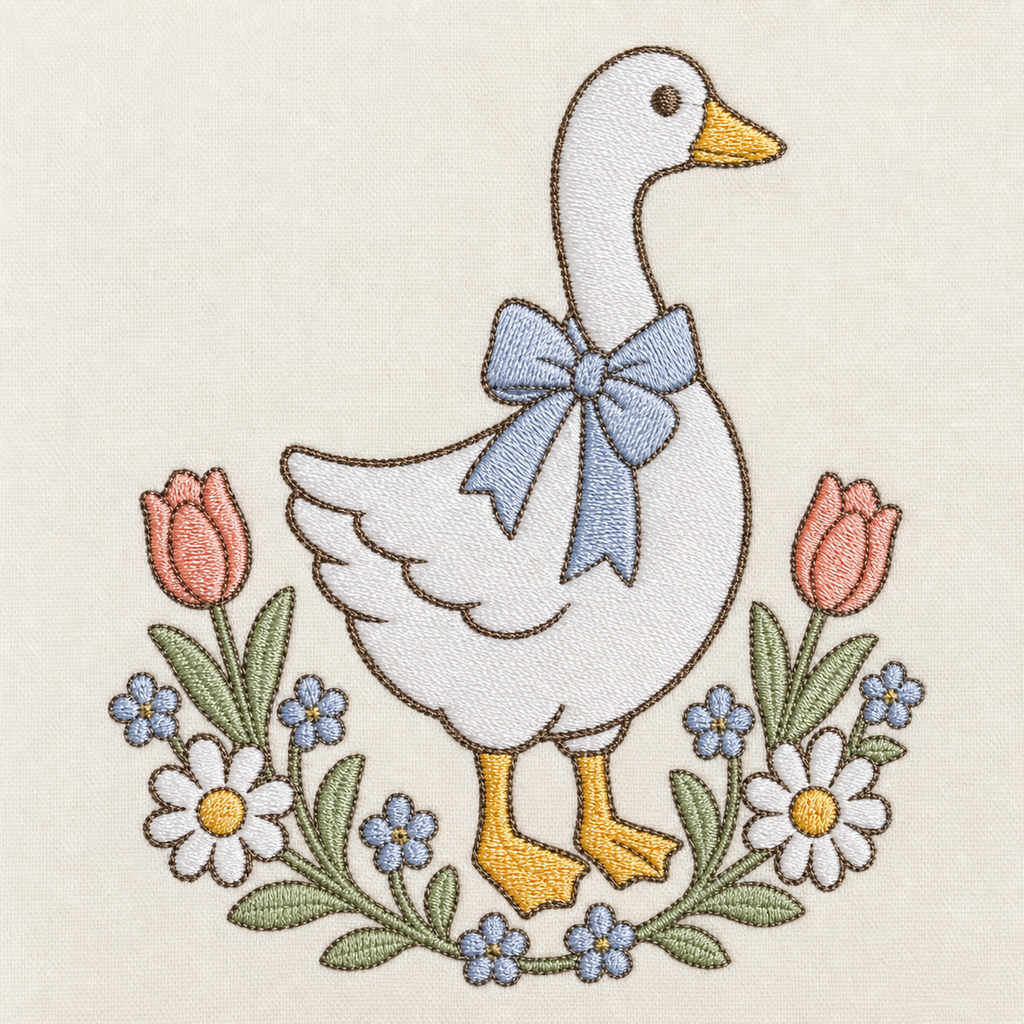 Goose Garden Blue Ribbon Machine Embroidery Design, Instant Download embroidery close-up