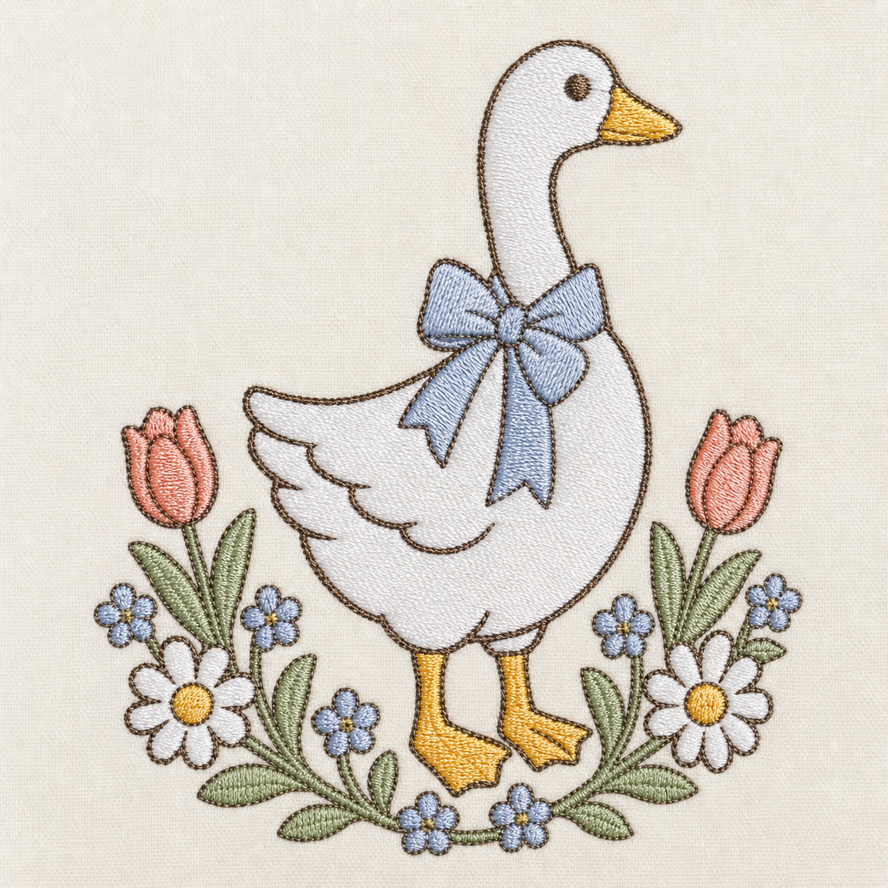 Goose Garden Blue Ribbon Machine Embroidery Design, Instant Download embroidery close-up