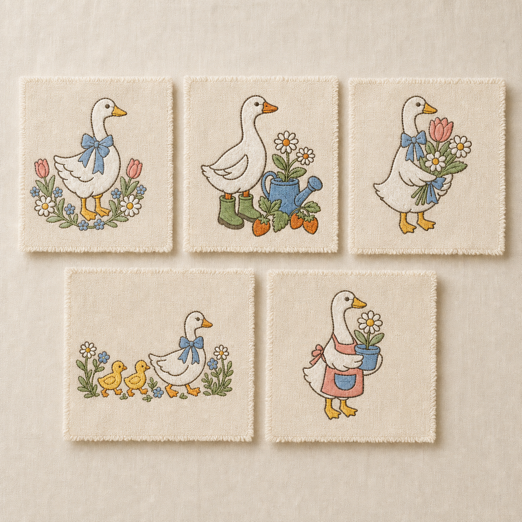 All five Goose Garden machine embroidery designs shown together on individual linen swatches