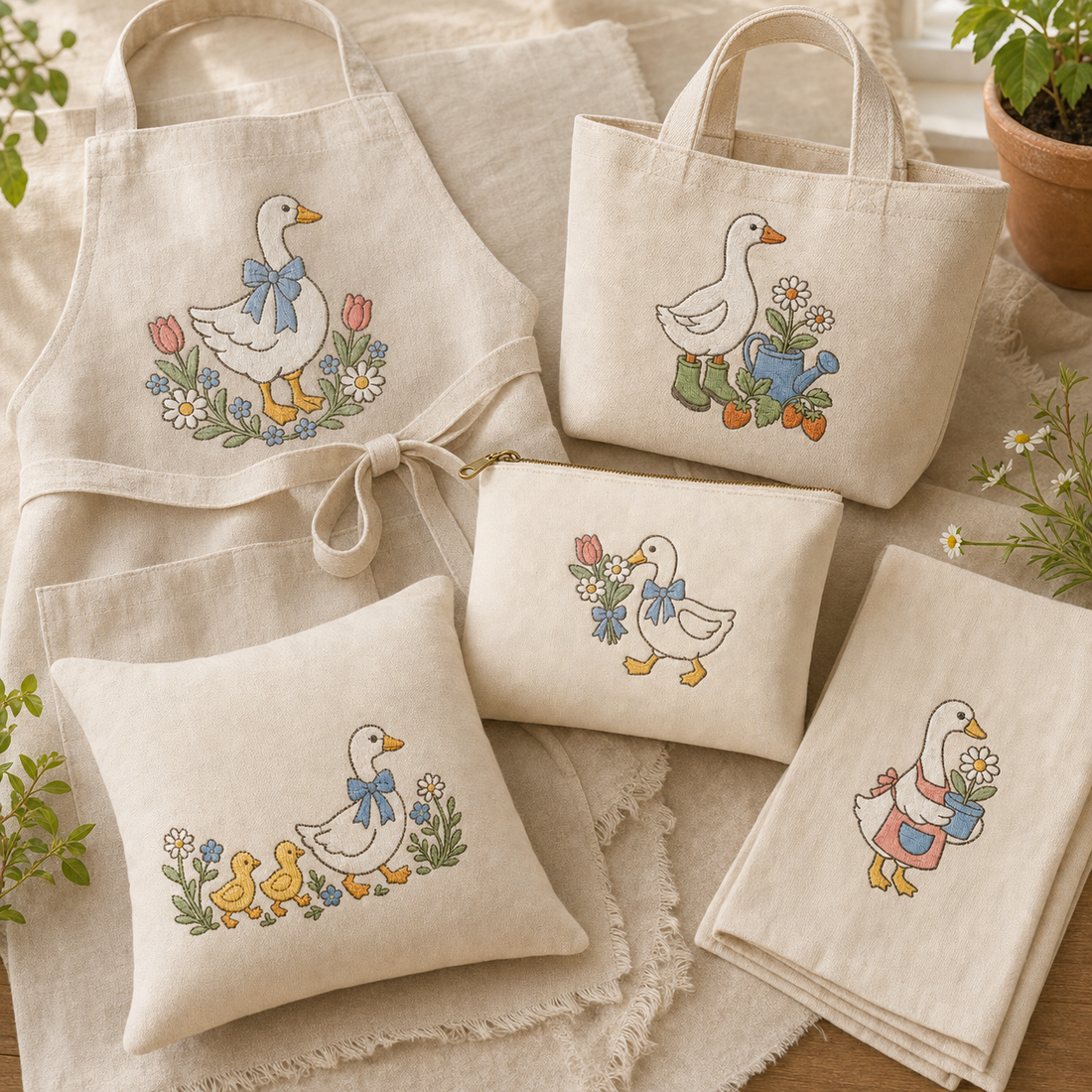 Goose Garden machine embroidery bundle showing five cottage garden designs on coordinated linen projects