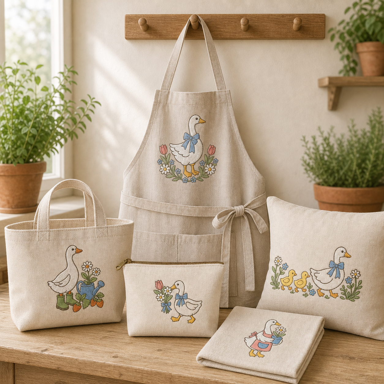 Goose Garden embroidery designs displayed on a linen apron, tote, pouch, cushion and tea towel